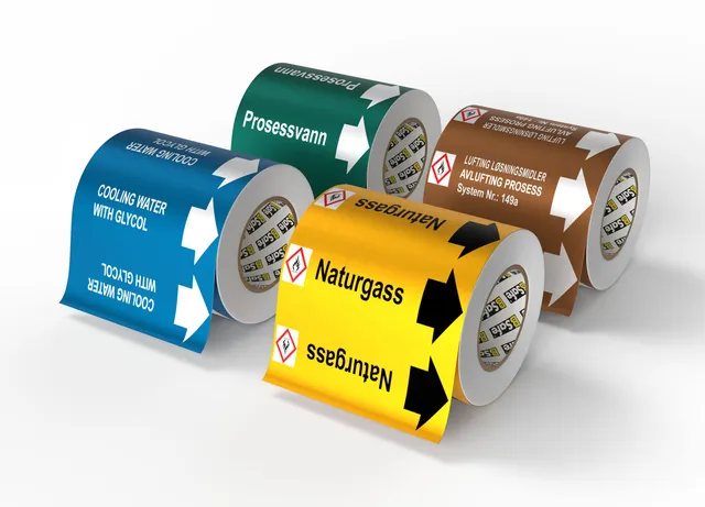 Rørmerke NS813 med pil tekst og GHS Utendørs, minstebestilling 