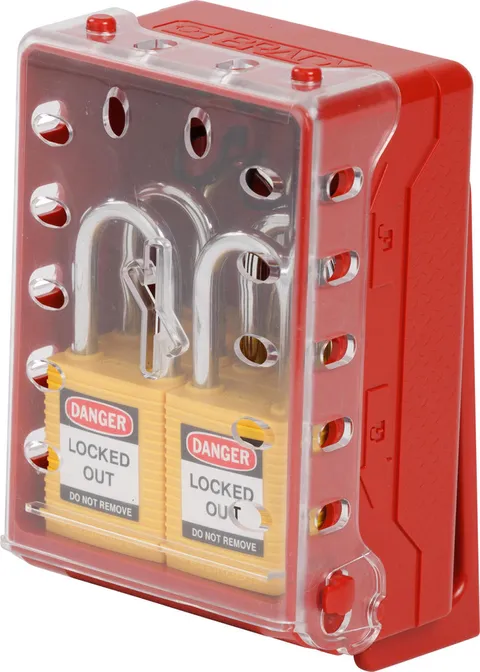 LOTO låsboks m/6 gule KA låser Brady plast 101,6 x 144