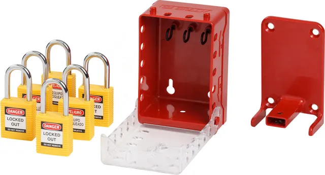 LOTO låsboks m/6 gule KA låser Brady plast 101,6 x 144 