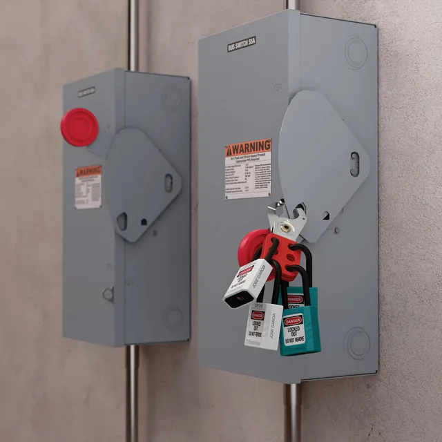 LOTO låsbøyle stål Ø25mm rød 6 hull Masterlock Multilåsbøyle 