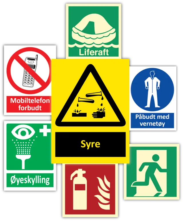 Stadardiserte skilt,  alle typer Varsel / Påbud / Nød / Brann / IMO 