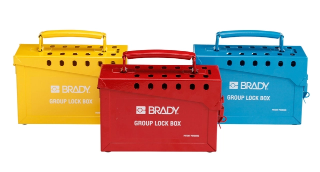 LOTO låseboks rød-gul-blå, bærbar Brady metal rød 13 låser 