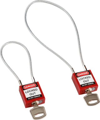 LOTO lås 4,7mm stålwire PVC belagt KD Brady, ulik nøkkel pr lås