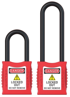 LOTO lås elektro rød 6,3mm nylonbøyle KD Økonomi, ulik nøkkel pr lås