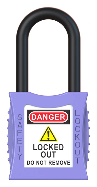 LOTO lås elektro lilla 38mm bøyleh. KD Økonomi, ulik nøkkel pr lås, 6,3mm bøyle