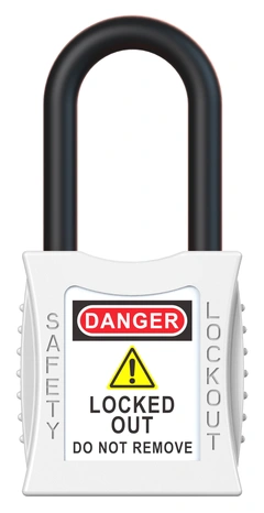 LOTO lås elektro hvit 38mm bøylehøyde KD Økonomi, ulik nøkkel pr lås, 6,3mm bøyle
