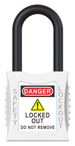 LOTO lås elektro hvit 38mm bøylehøyde KD Økonomi, ulik nøkkel pr lås, 6,3mm bøyle