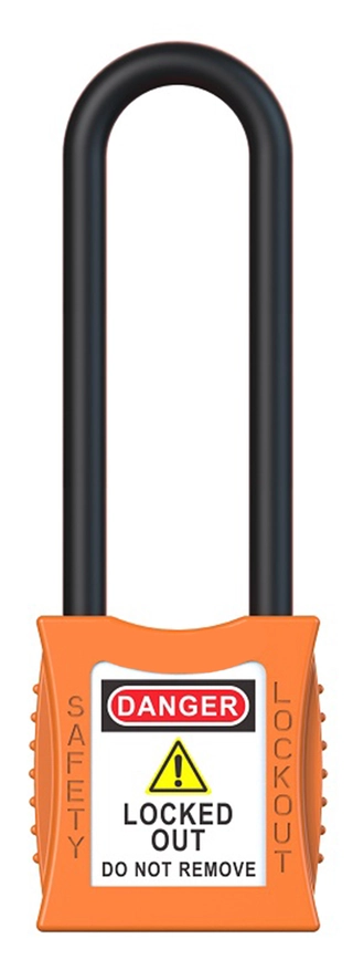 LOTO lås elektro oransj 76mm bøyleh. KD Økonomi, ulik nøkkel pr lås, 6,3mm bøyle