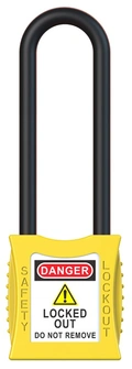 LOTO lås elektro gul 76mm bøylehøyde KD Økonomi, ulik nøkkel pr lås, 6,3mm bøyle