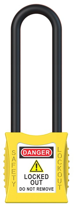 LOTO lås elektro gul 76mm bøylehøyde KD Økonomi, ulik nøkkel pr lås, 6,3mm bøyle
