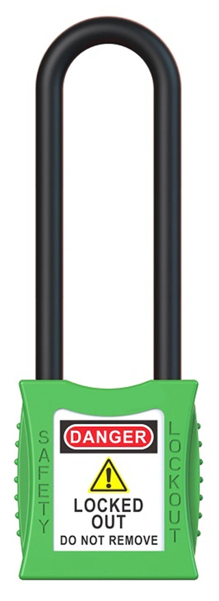 LOTO lås elektro grønn 76mm bøyleh. KD Økonomi, ulik nøkkel pr lås, 6,3mm bøyle