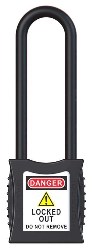 LOTO lås elektro sort 76mm bøylehøyde KD Økonomi, ulik nøkkel pr lås, 6,3mm bøyle