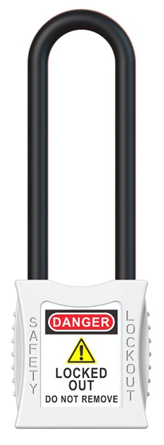 LOTO lås elektro hvit 76mm bøylehøyde KD Økonomi, ulik nøkkel pr lås, 6,3mm bøyle