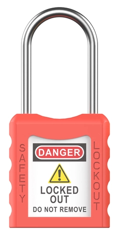 LOTO lås rød tynn bøyle 4mm metall KD Økonomi, ulik nøkkel pr lås, 38mm bøyleh