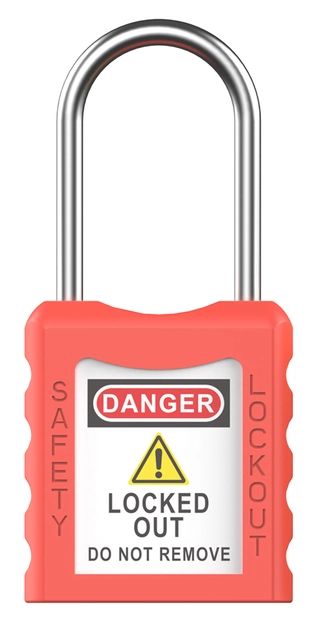 LOTO lås rød  tynn 4mm stålbøyle  KD Økonomi, ulik nøkkel pr lås, 38mm bøyleh