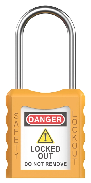 LOTO lås oransj tynn bøyle 4mm metall KD Økonomi, ulik nøkkel pr lås, 38mm bøyleh 