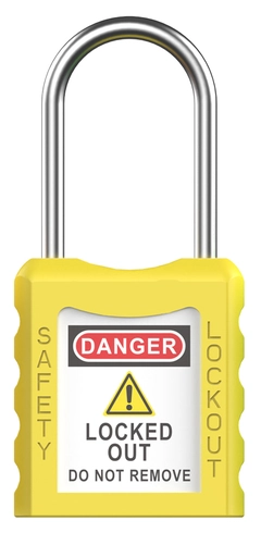LOTO lås gul tynn bøyle 4mm metall KD Økonomi, ulik nøkkel pr lås, 38mm bøyleh