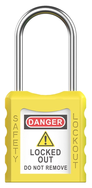 LOTO lås gul tynn bøyle 4mm metall KD Økonomi, ulik nøkkel pr lås, 38mm bøyleh 