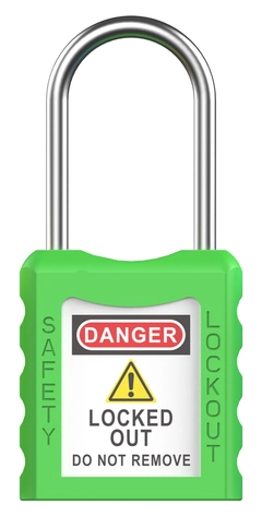 LOTO lås grønn tynn bøyle 4mm metall KD Økonomi, ulik nøkkel pr lås, 38mm bøyleh