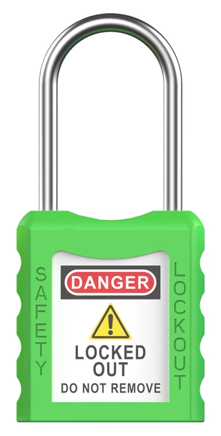 LOTO lås grønn tynn bøyle 4mm metall KD Økonomi, ulik nøkkel pr lås, 38mm bøyleh 