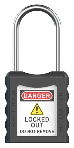 LOTO lås sort tynn bøyle 4mm metall KD Økonomi, ulik nøkkel pr lås, 38mm bøyleh