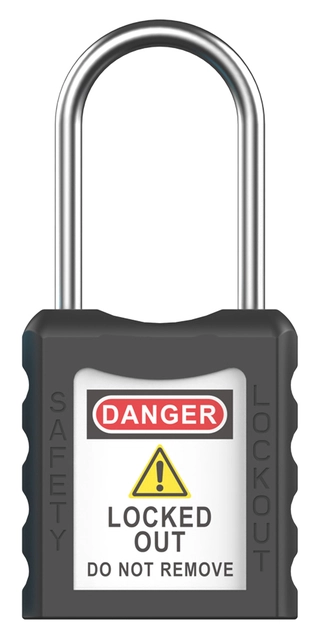 LOTO lås sort tynn bøyle 4mm metall KD Økonomi, ulik nøkkel pr lås, 38mm bøyleh 