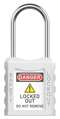 LOTO lås hvit tynn bøyle 4mm metall KD Økonomi, ulik nøkkel pr lås, 38mm bøyleh