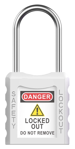 LOTO lås hvit tynn bøyle 4mm metall KD Økonomi, ulik nøkkel pr lås, 38mm bøyleh 