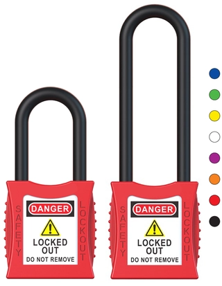 LOTO lås elektro rød 6,3mm nylonbøyle KD Økonomi, ulik nøkkel pr lås