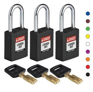 LOTO lås 38mm stålbøyle 3pk KA Brady, lik nøkkel, 6,35mm bøyle