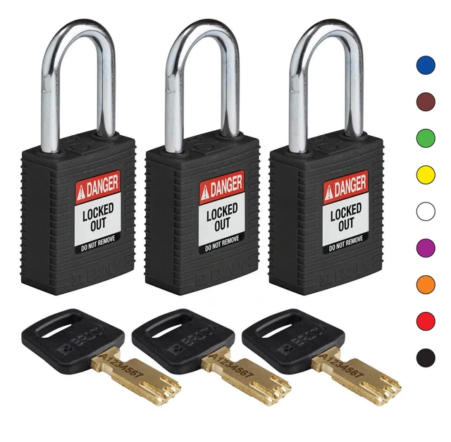 LOTO lås 38mm stålbøyle 3pk KA Brady, lik nøkkel, 6,35mm bøyle 