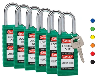 LOTO lås lang 38mm stålbøyle KD 6pk Brady, 6,35mm bøyle, 38mm bøylehøyde