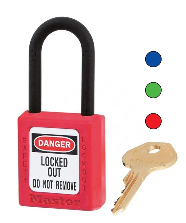 LOTO lås (38x38x6mm) "elektro" KA-MK Masterlock hengelås, lik nøkkel + master 