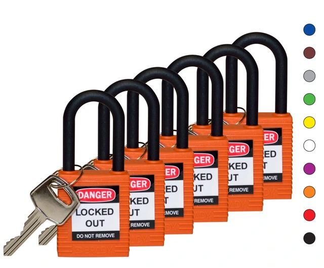 LOTO lås "elektro" 6,35mm bøyle KD 6pk Brady, nylon bøyle, 38mm høyde 