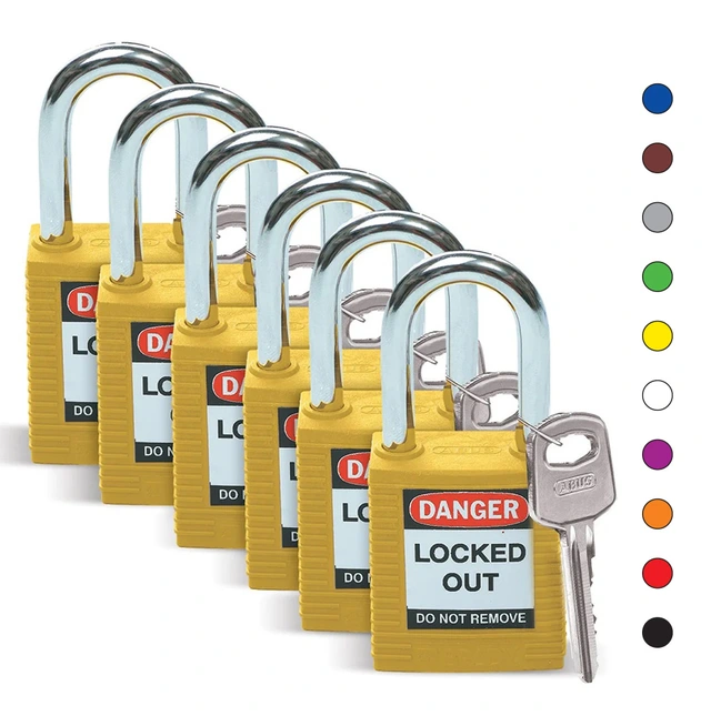 LOTO lås 6,35mm stålbøyle KD 6pk Brady, 38mm bøylehøyde 