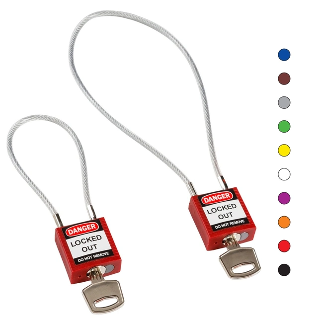 LOTO lås 4,7mm stålwire PVC belagt KD Brady, ulik nøkkel pr lås 