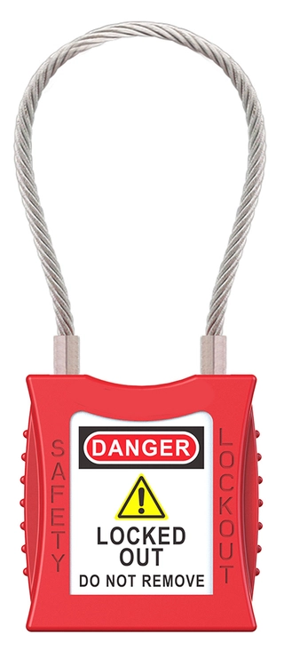 LOTO lås rød 4,7mm stålwire KD Økonomi, ulik nøkkel pr lås, 76mm bøyleh 