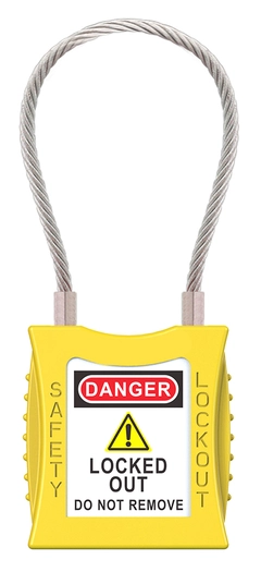 LOTO lås gul 4,7mm stålwire KD Økonomi, ulik nøkkel pr lås, 76mm bøyleh