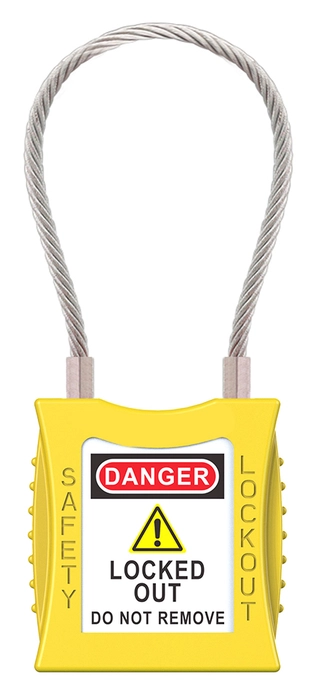 LOTO lås gul 4,7mm stålwire KD Økonomi, ulik nøkkel pr lås, 76mm bøyleh 