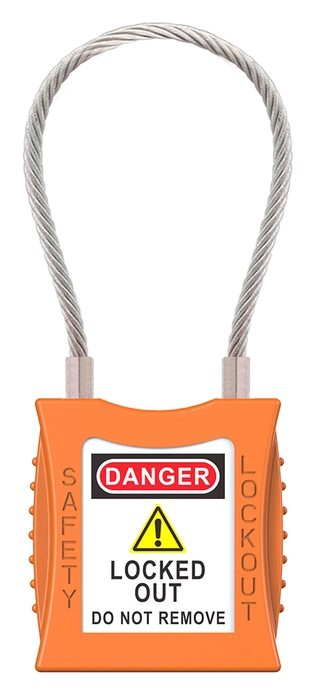 LOTO lås oransj 4,7mm stålwire KD Økonomi, ulik nøkkel pr lås, 76mm bøyleh 