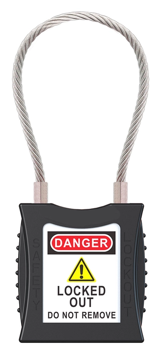 LOTO lås sort 4,7mm stålwire KD Økonomi, ulik nøkkel pr lås, 76mm bøyleh 