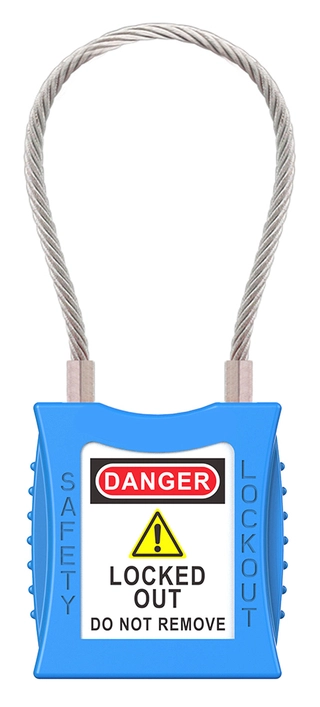 LOTO lås blå 4,7mm stålwire KD Økonomi, ulik nøkkel pr lås, 76mm bøyleh 