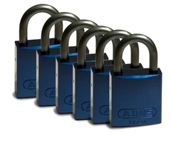 LOTO alu lås blå 6,35mm bøyle KD 6pk Brady, 25,4mm høyde, ulik nøkkel pr lås
