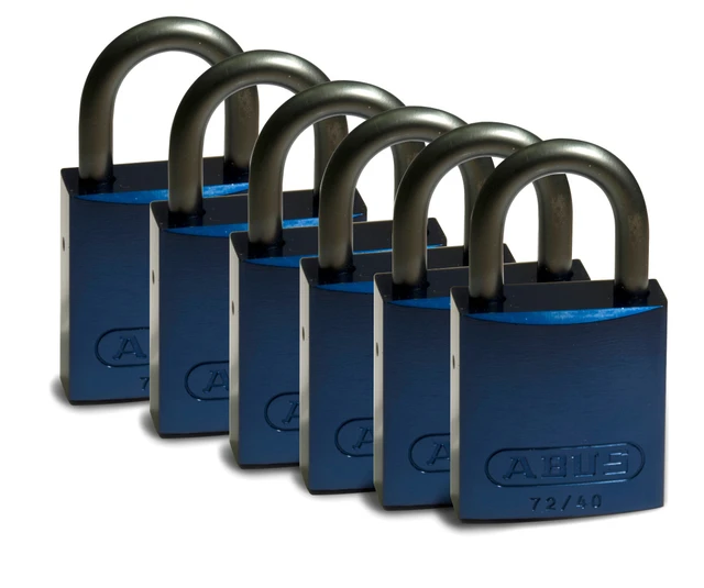 LOTO alu lås blå 6,35mm bøyle KD 6pk Brady, 25,4mm høyde, ulik nøkkel pr lås 