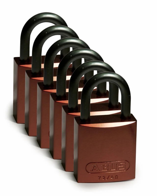 LOTO alu lås brun 6,35mm bøyle KD 6pk Brady, 25,4mm høyde, ulik nøkkel pr lås 