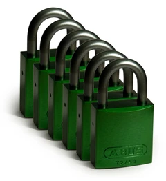 LOTO alu lås grønn 6,35mm bøyle KD 6pk Brady, 25,4mm høyde, ulik nøkkel pr lås