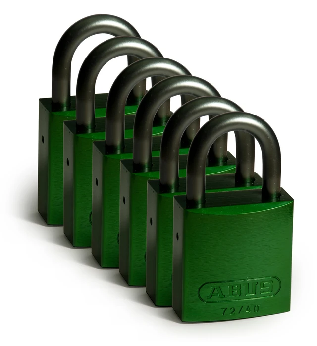 LOTO alu lås grønn 6,35mm bøyle KD 6pk Brady, 25,4mm høyde, ulik nøkkel pr lås 