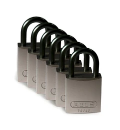 LOTO alu lås grå 6,35mm bøyle KD 6pk Brady, 25,4mm høyde, ulik nøkkel pr lås