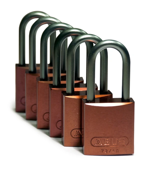 LOTO alu lås brun 6,35mm bøyle KD 6pk Brady, 38,1mm høyde, ulik nøkkel pr lås 