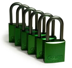 LOTO alu lås grønn 6,35mm bøyle KD 6pk Brady, 38,1mm høyde, ulik nøkkel pr lås